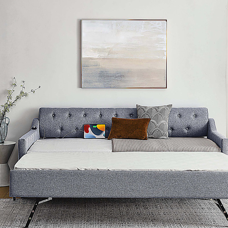 Twin Size Upholstery DayBed with Erectable Trundle and USB Charging, Gray
