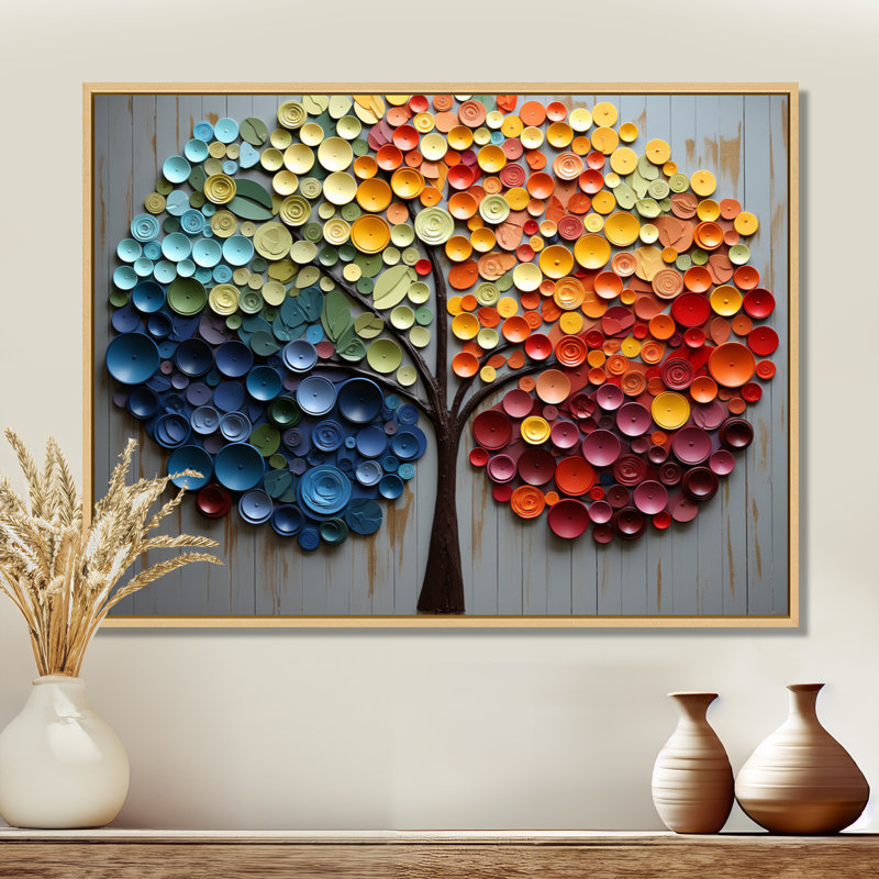 Art mural coloré arc-en-ciel coloré 4 saisons - Arbres, Cadre flottant brun, H 16 po x l 32 po x P 1 po