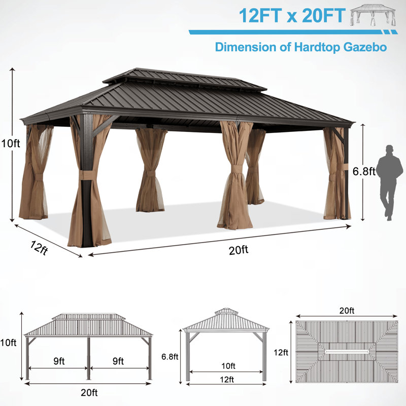 Aluminum Patio Gazebo Permanent Hardtop Gazebos, Khaki, 12 ft. x 10 ft.