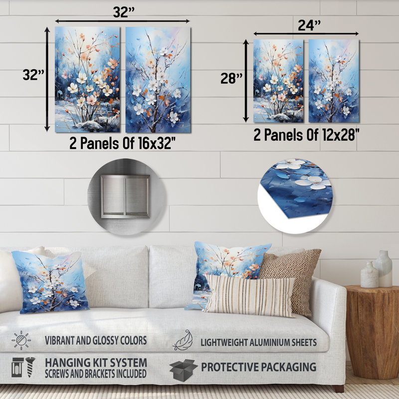 Bouquet de fleurs de neige harmonie - ensemble de 2 impressions florales en métal, H 28 po x l 24 po