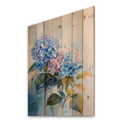 Hortensias dans la lumière du matin III - décoration murale en bois d'hortensias - sur bois de pin naturel