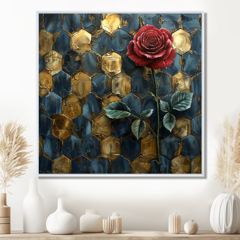 Rose rouge, hexagone doré, bleu, salon, art mural, H 30 po x l 30 po x P 1 po, Toile encadrée flottée blanche