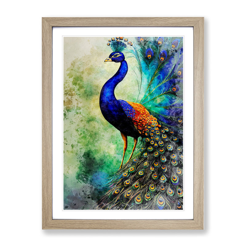 Watercolour Peacock No.2 - Single Picture Frame Painting, 34cm H x 25cm W x 2cm D, Oak