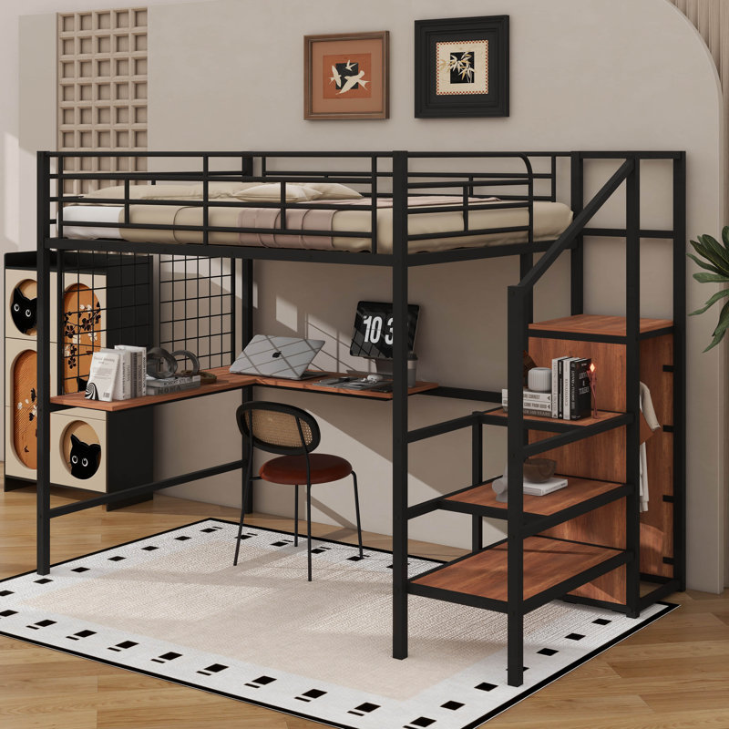 Lit mezzanine avec bureau et grille en métal, lit élégant en métal avec échelle de rangement latérale et garde-robe, Noir