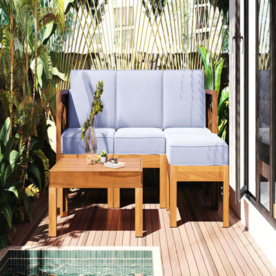 Natural Finish+ Gray Cushions Outdoor Backyard Patio Wood 5-Piece Sectional Sofa Seating Group Set With Cushions Furniture