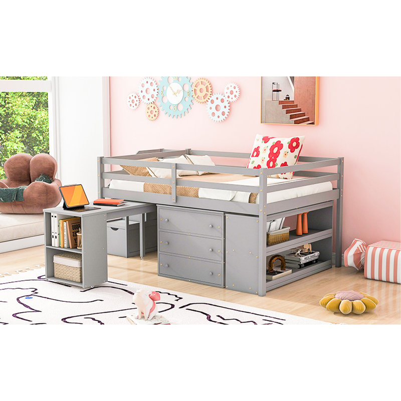 Space Loft Bed In Grey, Full Size, With Solid Wood, 3 Drawers, Retractable Desk Size Grey Storage Shelves, Desk, Wood Construction