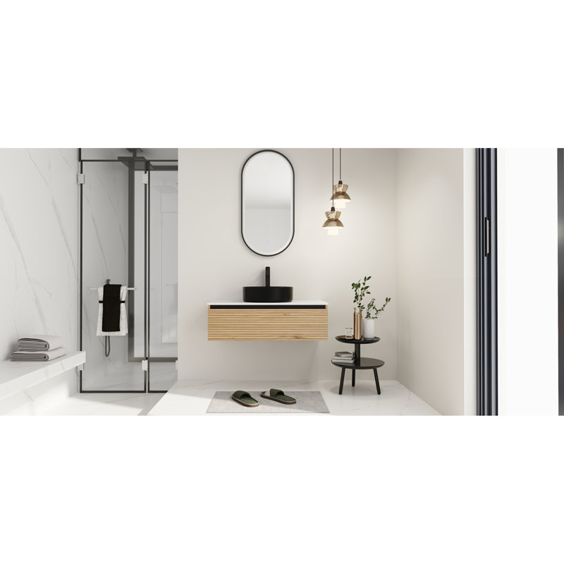 Meuble-lavabo mural moderne avec rangement, armoire en bois et lavabo en céramique noire
