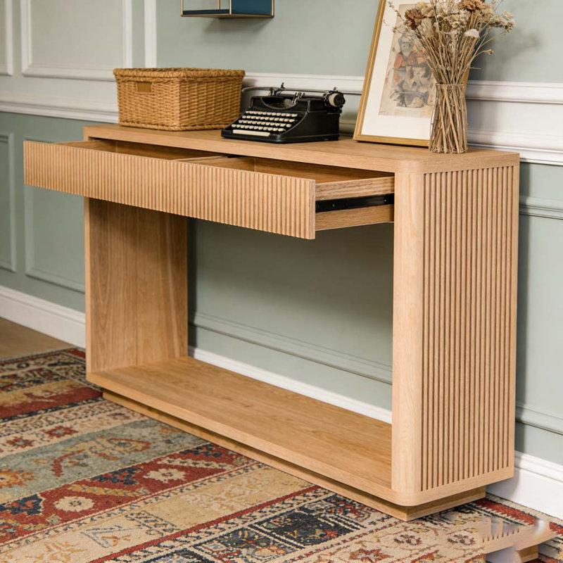 Console cannelée moderne 60 po à 2 tiroirs, Bois naturel