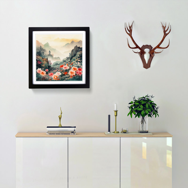 Japanese Mountains Floral No.1 - Framed Print, Black