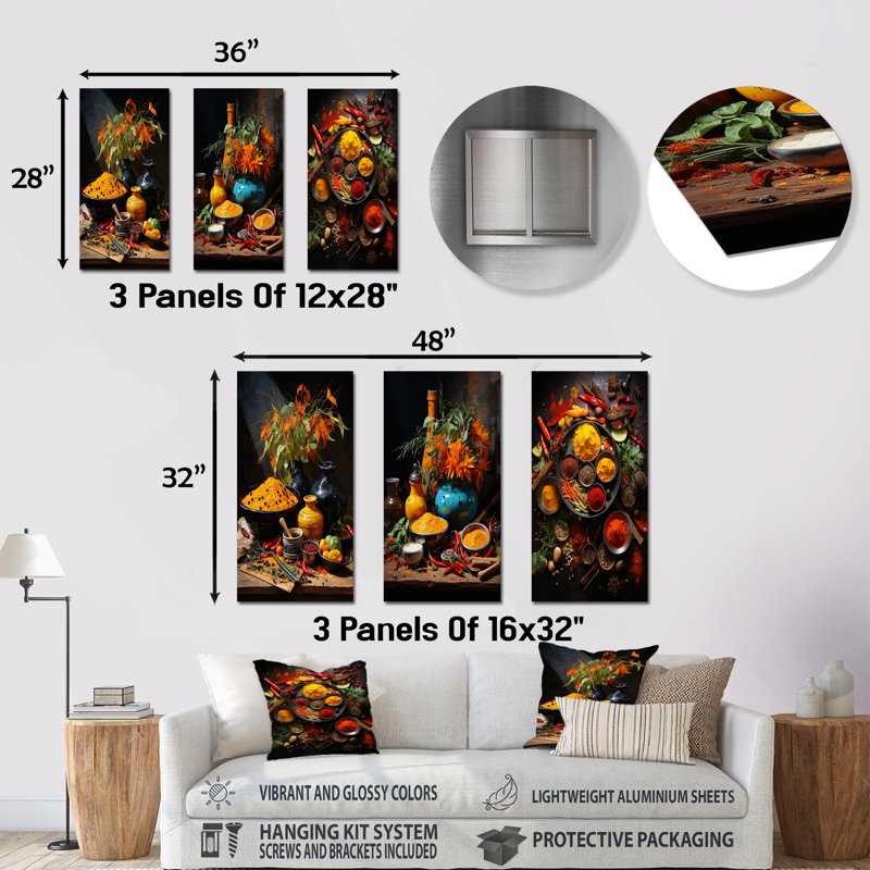 Indian Indian Spices Of India I - Boho Pottery, ensemble de 3 reproductions d'art mural en métal, H 32 po x l 48 po