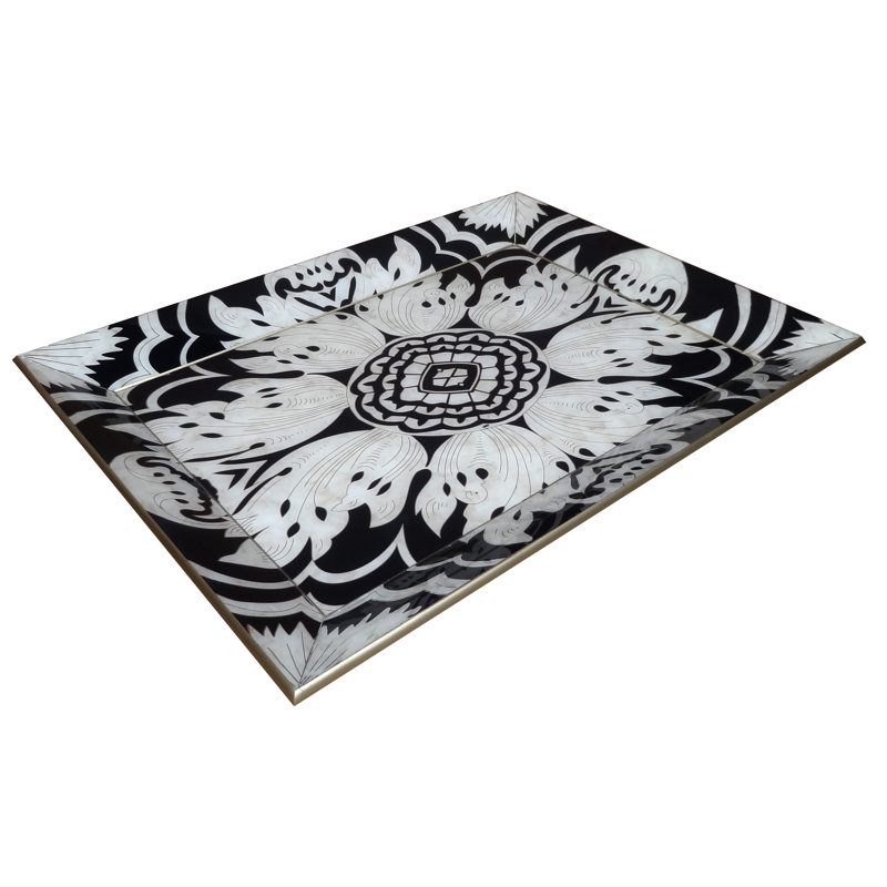 Handmade Reverse Painted Mirror Tray with Beveled Edge, 1.2" H x 13.6" W x 18.1" D, Black/Silver
