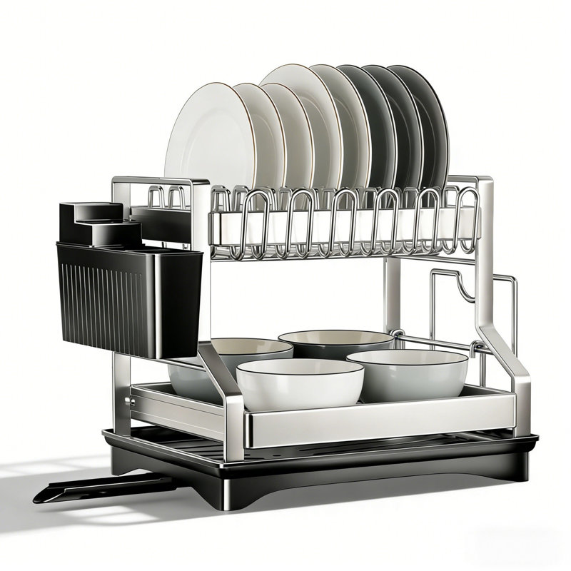 16.5" Kitchen Double-layer Dish Rack, Stainless Steel & Pp Plastic Drain Rack For Countertop Tableware Storage