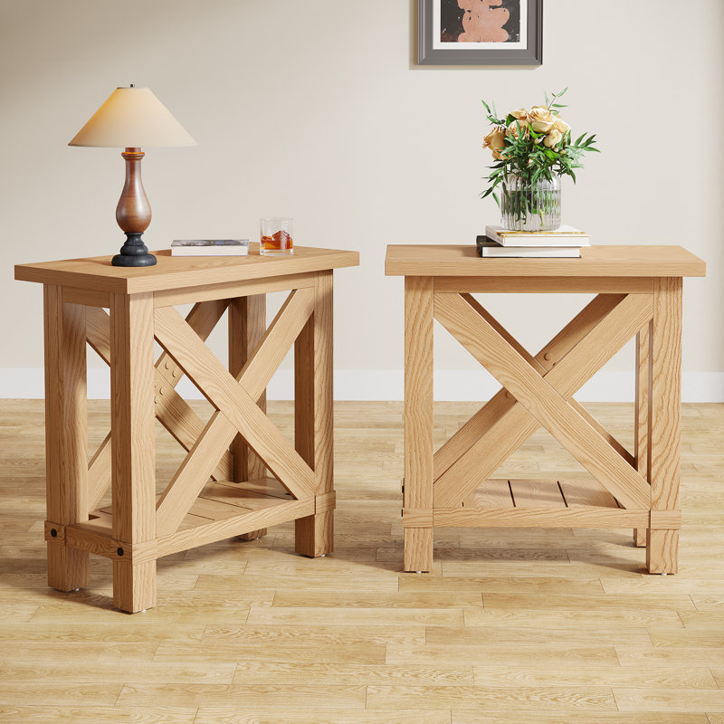 25" End Table with X Shape Frame, Hidden Metal L Bracket Inforcement, Non-Slip Feet