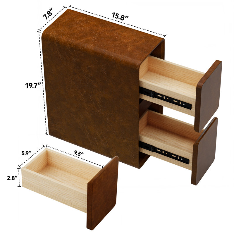 7.8" Wide Fully-Assembled Faux Leather Narrow Nightstand, Brown, Individual