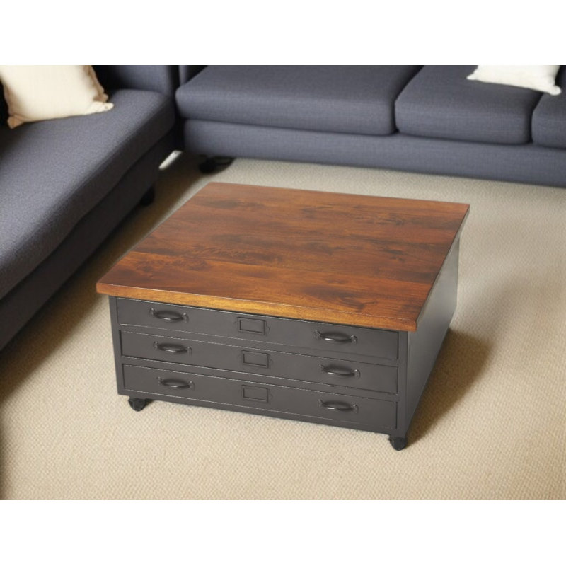  Table basse 36 po à trois tiroirs en bois massif et métal brun et gris