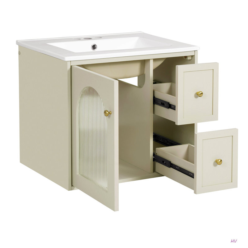 Ensemble de meuble-lavabo mural 24 po pour petit espace, armoire de salle de bain avec lavabo en céramique, 2 tiroirs et 1 porte à fermeture en douceur