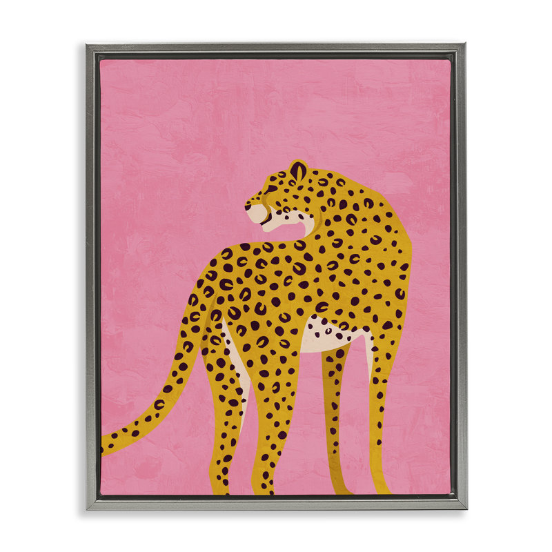 Léopard sur cadre flottant rose Serenade, design par Kim Allen, H 31 po x l 25 po, Cadre flottant gris lustré