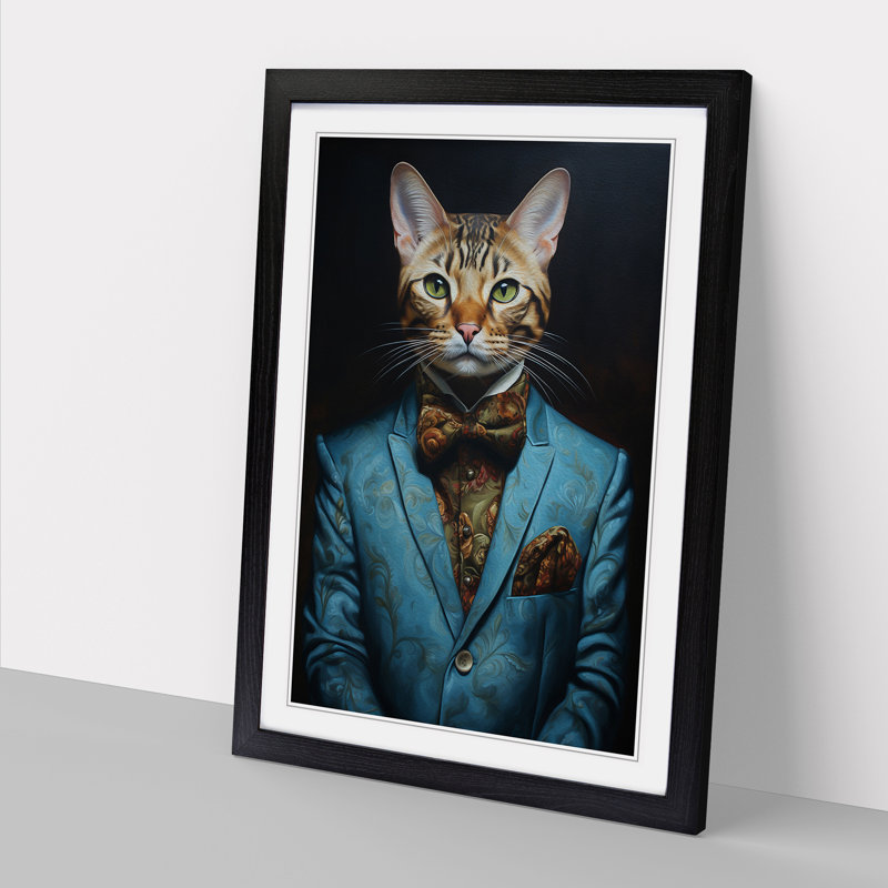 Bengal Cat In A Suit Painting No.3 - Single Picture Frame Print on Wood, 46cm H x 34cm W, Black Framed