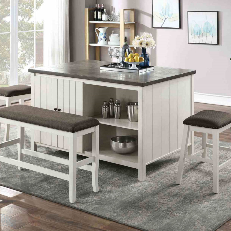Ensemble de salle à manger moderne à hauteur de comptoir 6 pièces avec table, tabourets, banc et tablettes de rangement blanc cassé et gris pour une salle à manger élégante