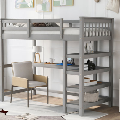 Lit mezzanine simple avec tablettes de rangement et bureau sous le lit