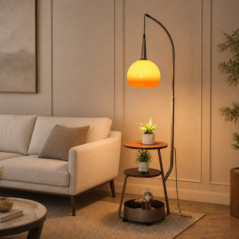Lampe sur pied en arc de 160 cm avec abat-jour globe en verre ambré et table d'appoint de rangement à 2 niveaux