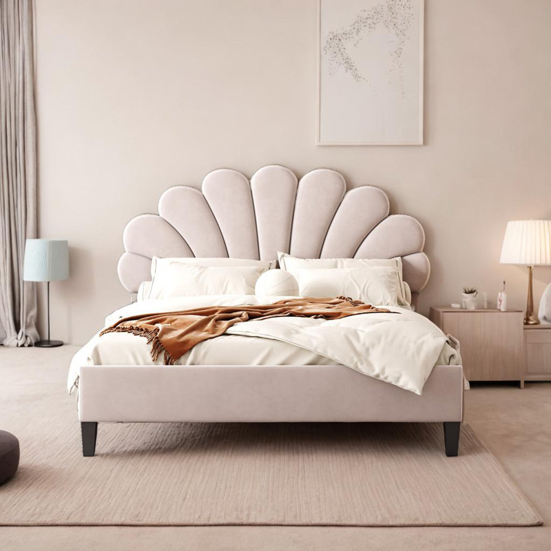 Flower Pattern Velvet Headboard Upholstered Platform Bed, Full , White