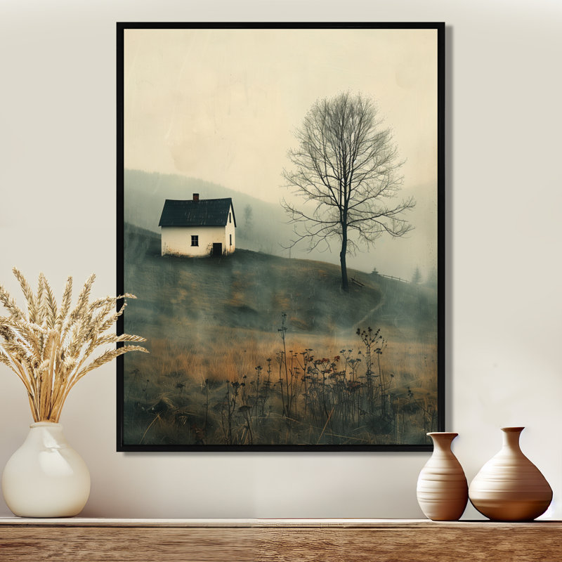 «White Grey Winter Country Charm Farmhouse - Farm», reproduction d'art murale, Cadre flottant noir, H 24 po x l 32 po