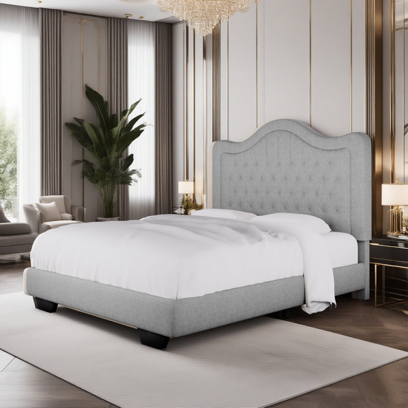 Structure de lit rembourrée en tissu avec tête de lit réglable, support à lattes de bois, lit plateforme capitonné, Gris