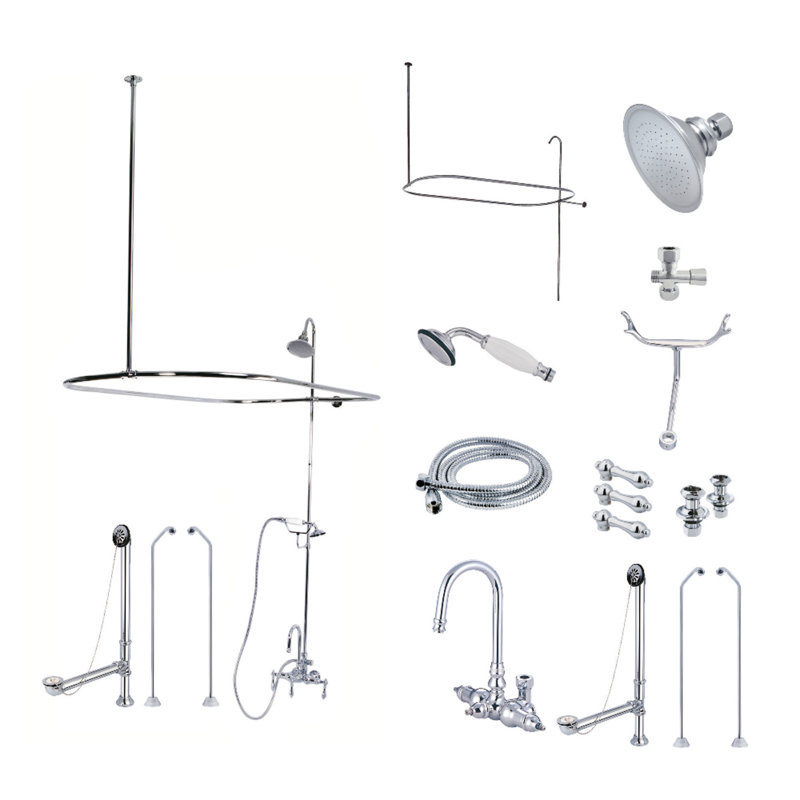 Kingston Brass Vintage Three-Handle 2-Hole Tub Wall Mount Clawfoot Tub Faucet Package with Shower Enclosure and Hand Shower