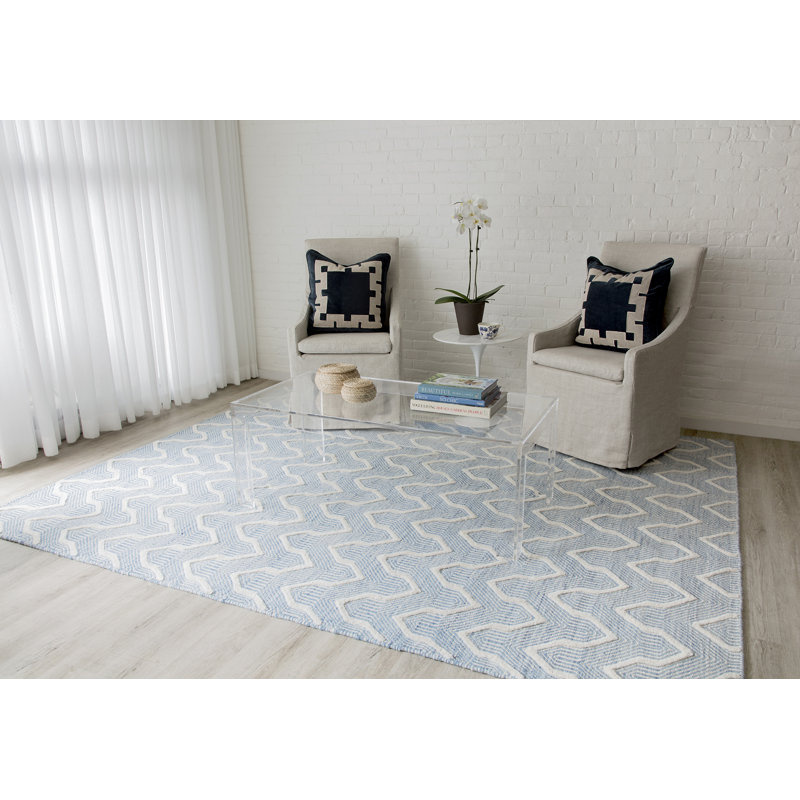 Langdon Geometric Handmade Flatweave Wool Blue/Ivory Area Rug, Rectangle 3'9" x 5'9"