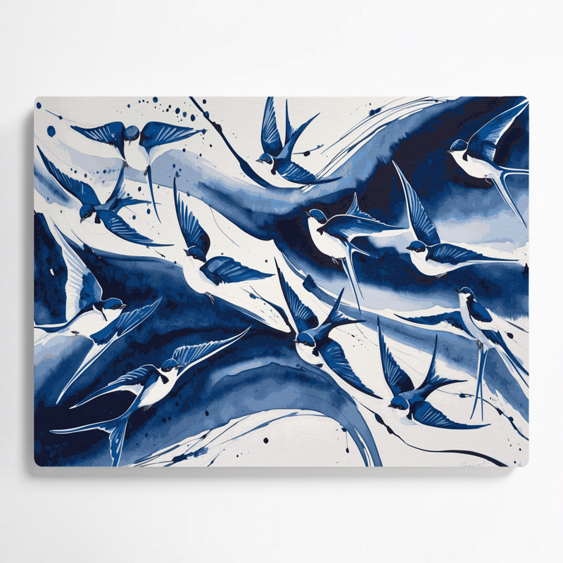 Birds Blue and white Swallow Grey Metal Wall Art, 24" H x 36" W