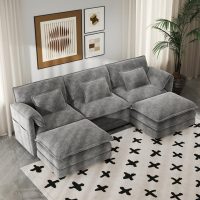 111" Dark Gray Chenille U-Shaped Modular Sectional Sofa with Movable Ottoman & Pillows
