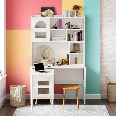 43x70 Inch Rotating Computer Desk with Storage Cabinets, Drawer, Shelves and 90° Swivel Extension