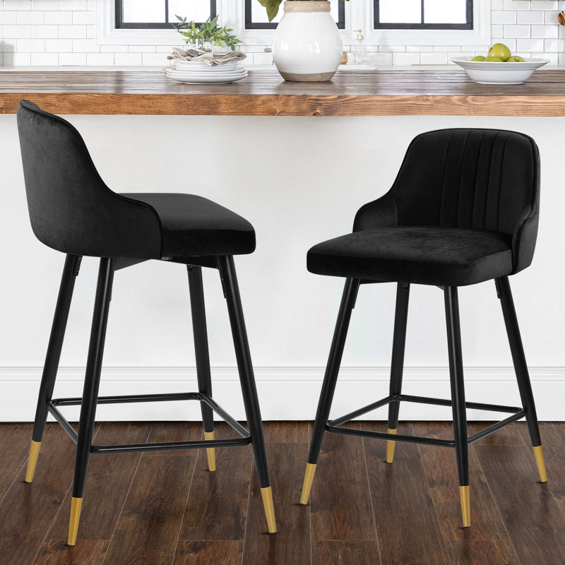 Swivel Velvet Upholstered Counter & Bar Stool, Counter Stool (25.6” Seat Height), Black