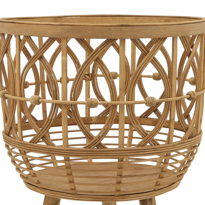Set of 3 Wood & Bamboo Planters with Stands, Open Weave Design, 26" Tall, Brown Finish - Indoor & Outdoor Decor, Natural
