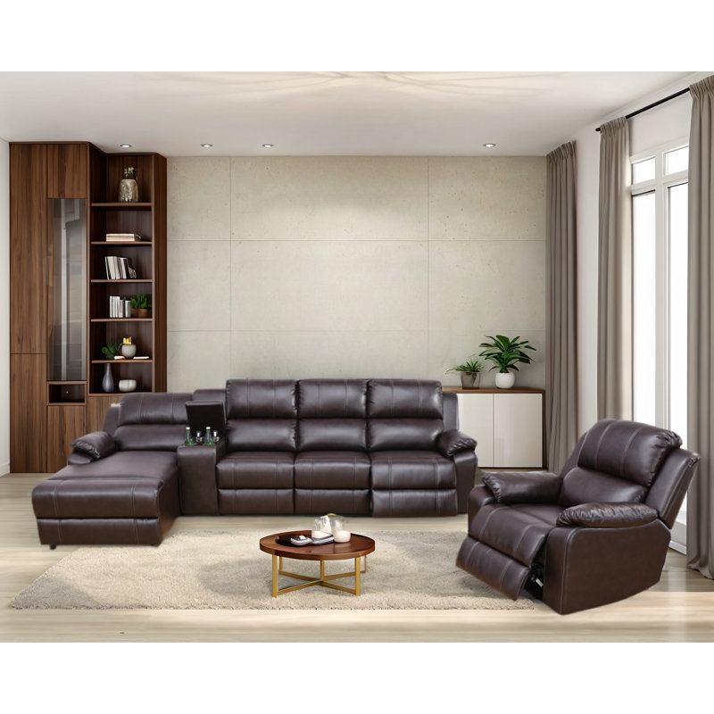 Ensemble de canapé de salon inclinable 4 pièces en cuir végétalien brun