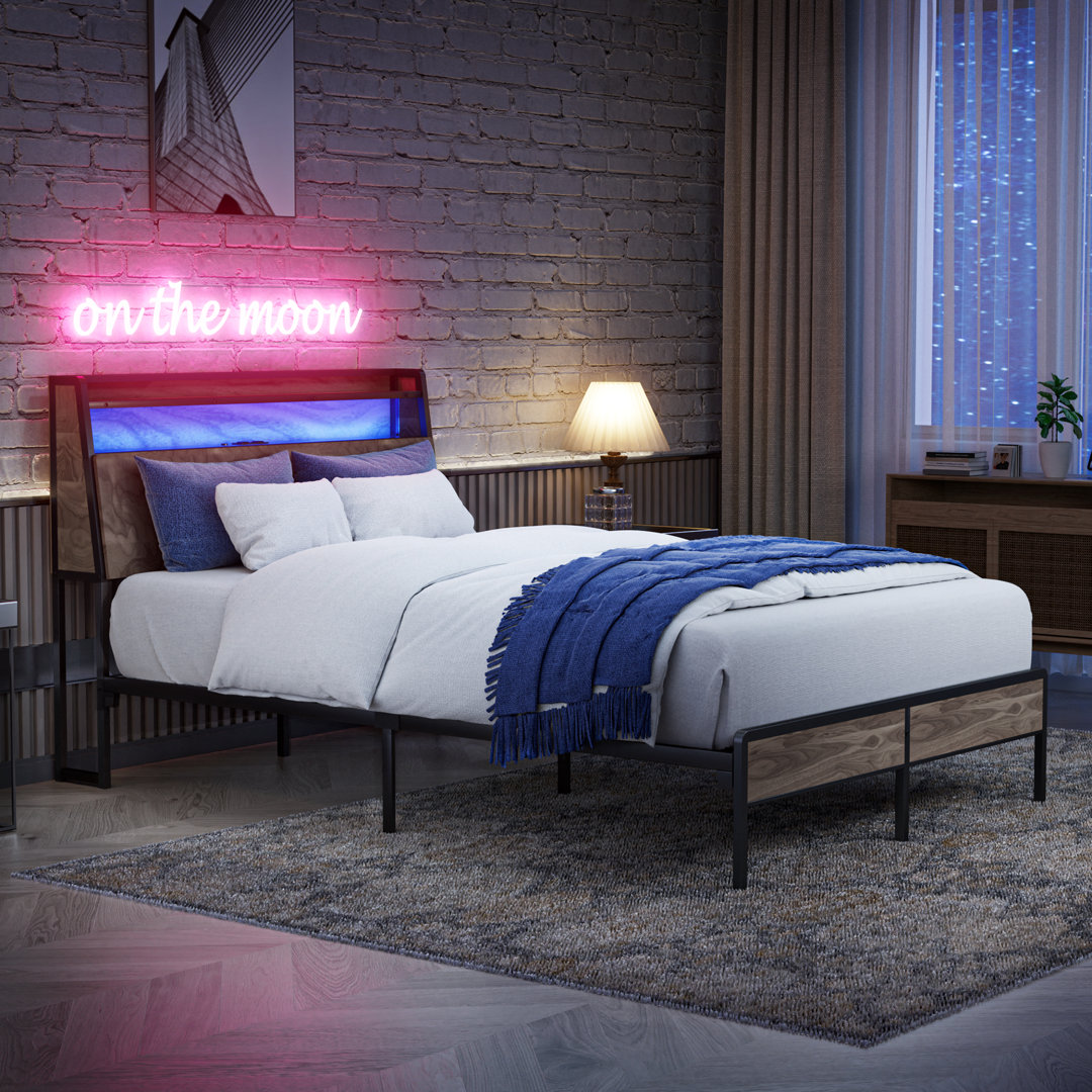  Platform Metal Bed Frame with RGB Lights and 2-Tier Storage Wooden Headboard Bedstory 