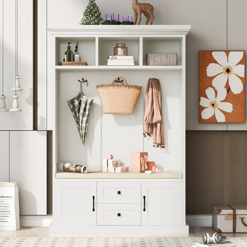 Riju Hall Tree 47.2'' Wide with Bench and Shoe Storage, White