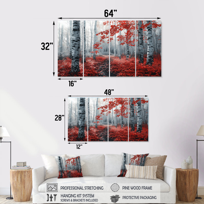 «Red Morning In Forest Panorama», ensemble d'art mural sur toile, H 32 po x l 64 po