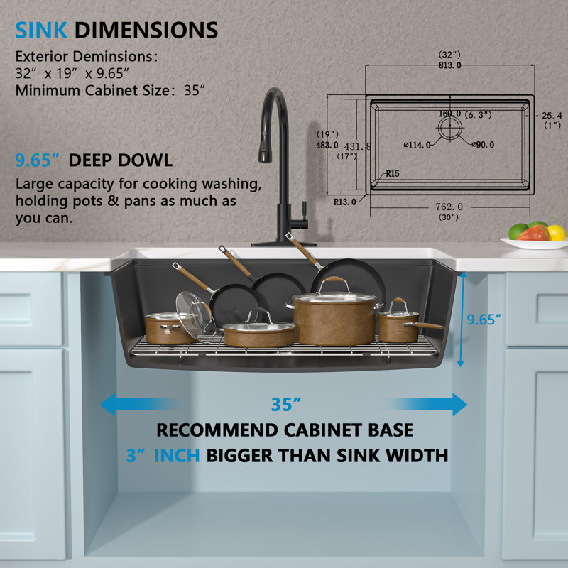 32'' L x 19" D Undermount Workstation Single Bowl Quartz Kitchen Sink with Bottom Grid Rolling Dry Rack Drain Assembly  and  Cutting Board