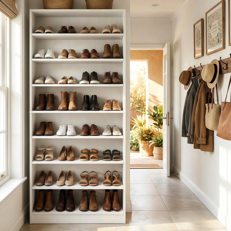 Armoire à chaussures blanche à 9 niveaux avec rangement ouvert et tablettes réglables, peu encombrante pour le salon