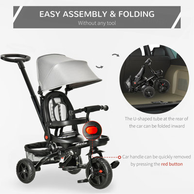 Baby Tricycle 4 In 1 Trike w/ Reversible Angle Adjustable Seat Removable Handle Canopy Handrail Belt Storage Footrest Brake Clutch for 1-5 Years