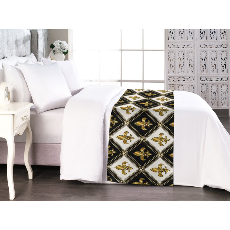 Ambesonne Fleur de Lis Bed Scarf Runner Medieval Leaf Motif Black White Dark Mustard, King
