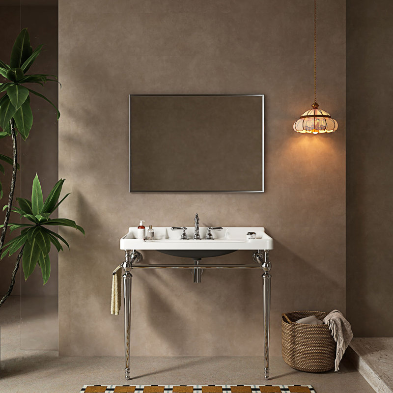 Lavabo console de salle de bain, lavabo mural avec 3 trous pré-percés et pieds, Chrome/blanc