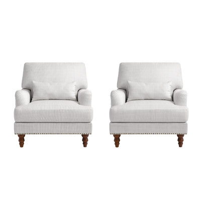 Upholstered Gray Nailhead Trim Accent Chair with Throw Pillow and Solid Wood Legs (Set of 2)