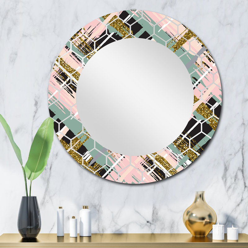 Miroir mural bleu, rose et paillettes III, 32 po x 32 po