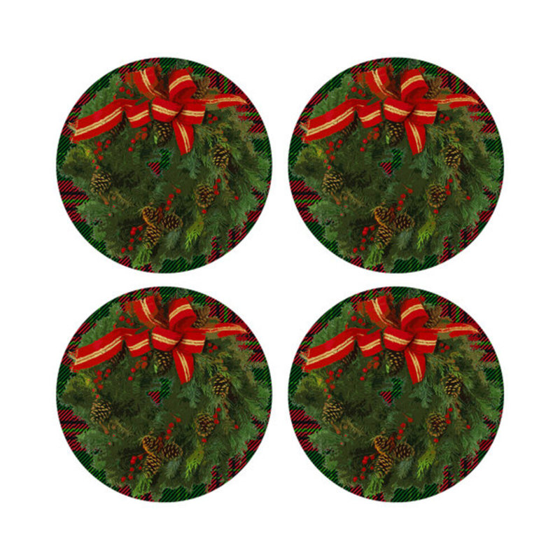 Christmas Wreath Vegan Leather Round Pebble Placemat, Tartan Green
