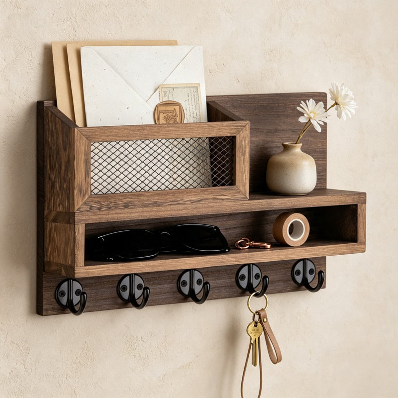 Porte-clés mural et organisateur de courrier avec compartiment de rangement et 5 crochets robustes pour manteaux, laisses et articles essentiels quotidiens, conception en maille élégante pour l'entrée, le bureau à domicile ou le vestibule