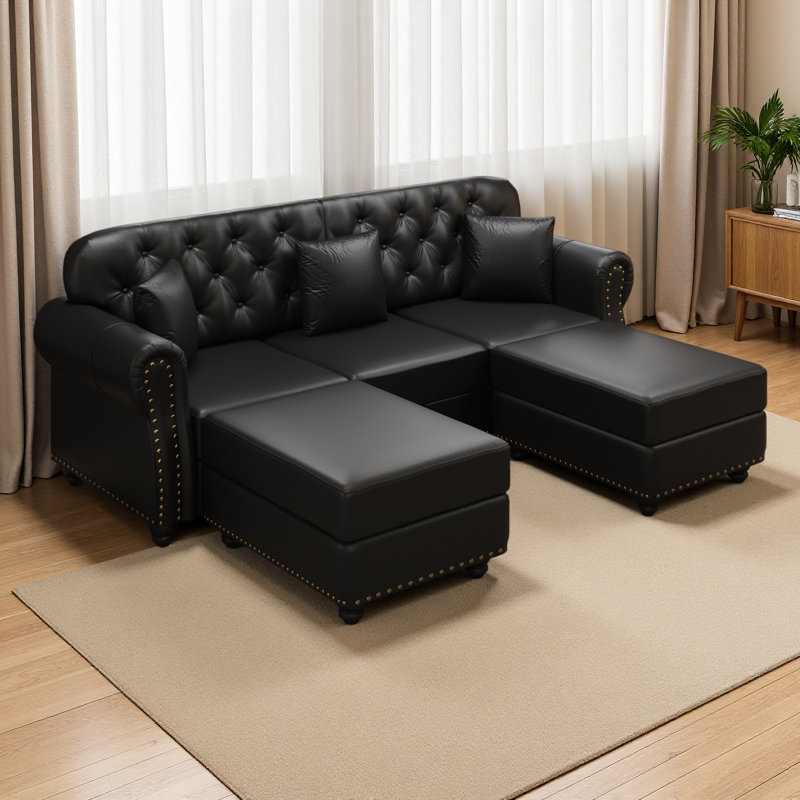Canapé Chesterfield 82,6 po rembourré en similicuir avec garniture cloutée et accoudoirs roulés, Noir