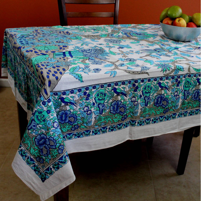 Floral Tree of Life 100% Cotton Square Tablecloth, Blue Turquoise